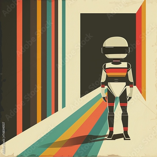 This stylized retro astronaut stands before a geometric backdrop, perfect for themes of space exploration and vintage science fiction.