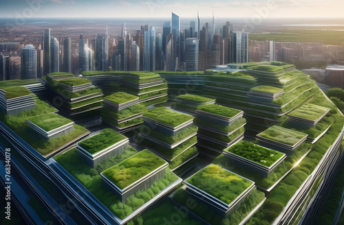 A panoramic view of a contemporary, eco-friendly urban skyline, showcasing lush green roofs, advanced sustainable buildings, and innovative infrastructure designed for environmental conservation