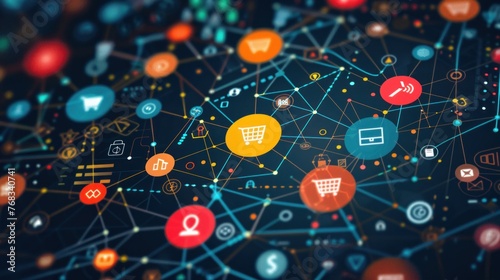 Abstract network of connected icons symbolizing online shopping and e-commerce on a digital interface with a depth of field effect.