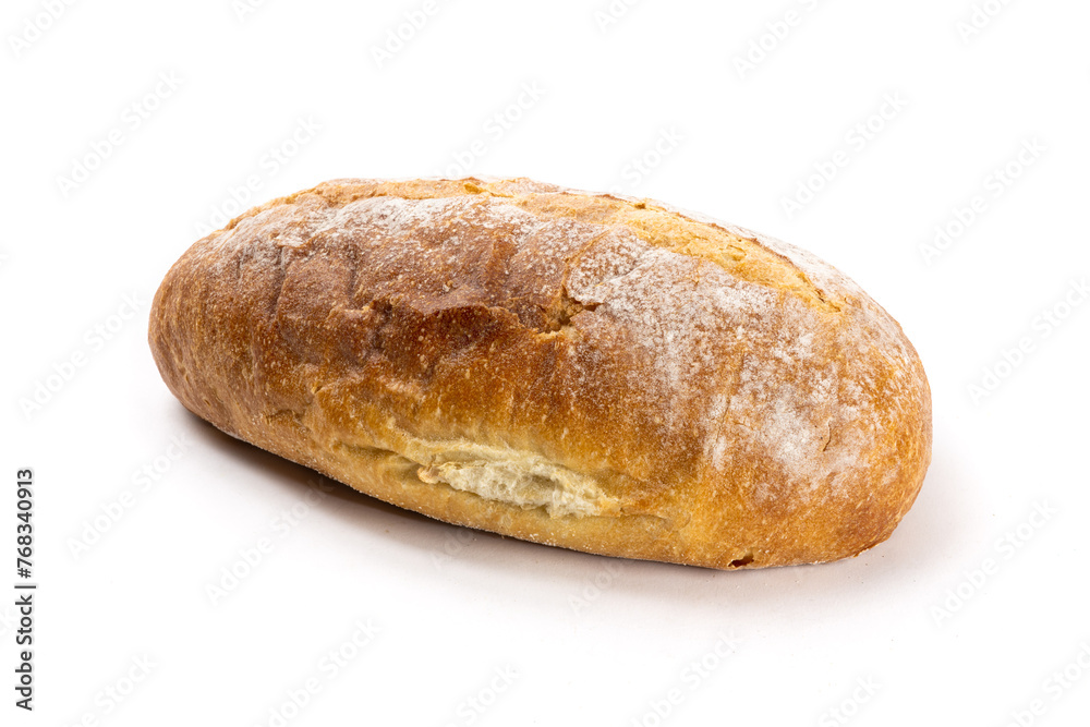 single loaf of Italian or French crusty bread isolated on white