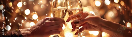 A close-up of hands clinking glasses of champagne in a toast with a sparkling background photo
