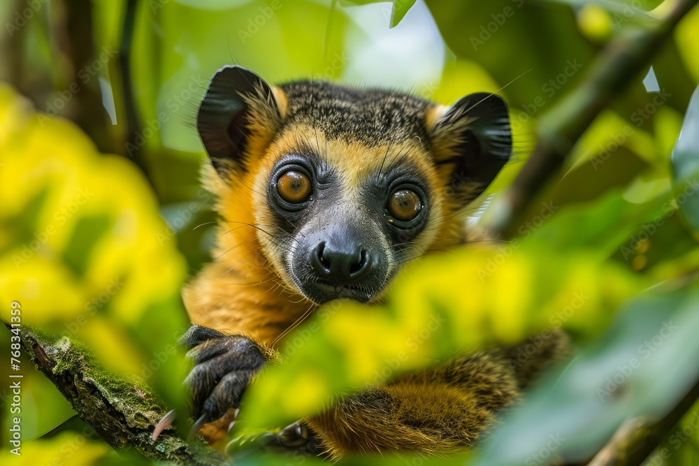 Naklejka premium Close up View of an Adorable Ring Tailed Lemur Peeking Through Lush Green Leaves in a Natural Habitat