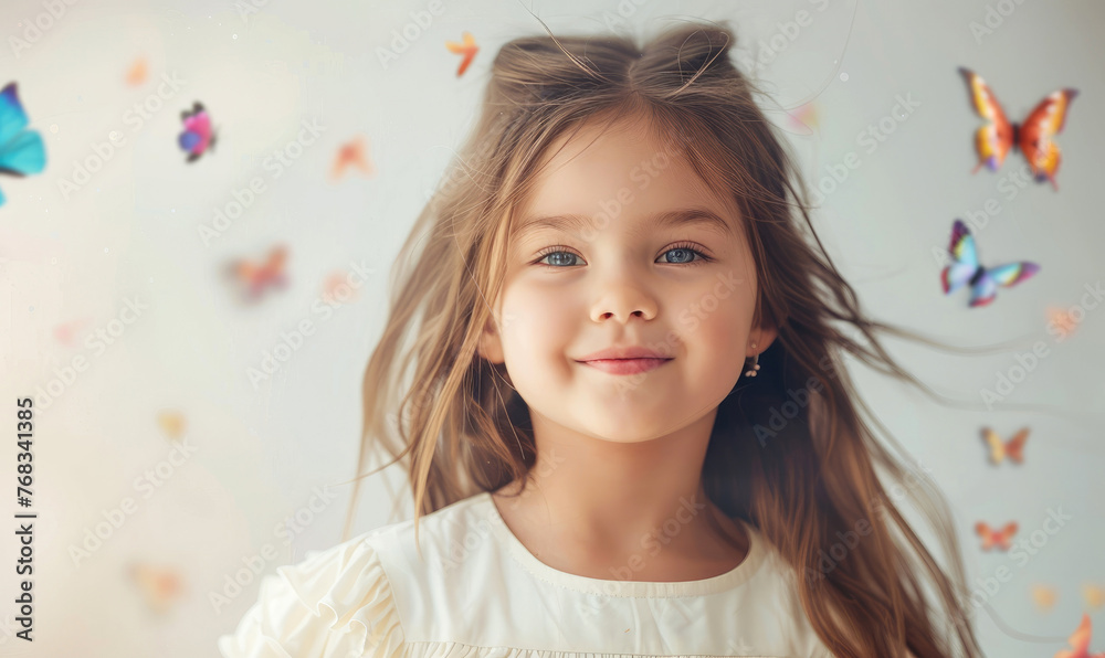 A little smiling cute girl with colorful butterflies flying around her A little smiling cute girl with colorful butterflies flying around her