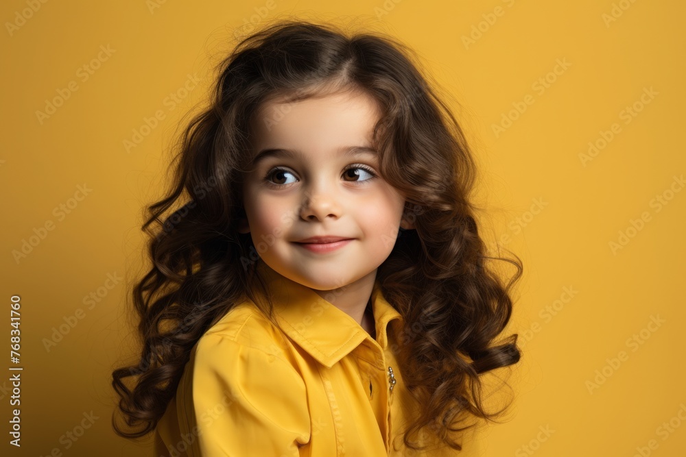 Portrait of a beautiful little girl with long curly hair in a yellow shirt on a yellow background Portrait of a beautiful little girl with long curly hair in a yellow shirt on a yellow background