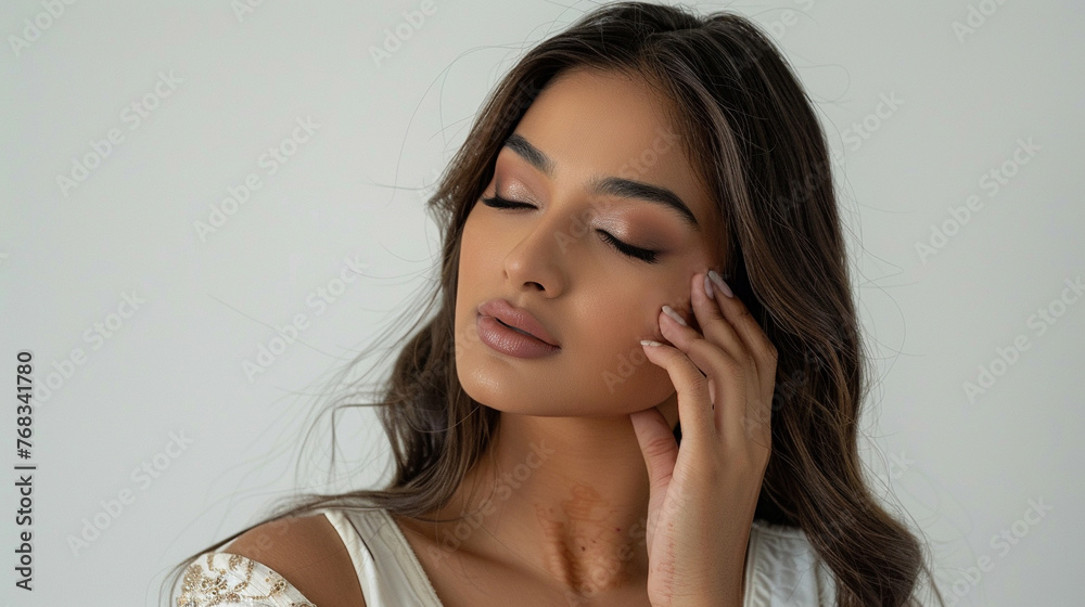 Beautiful Indian Woman with Perfect Skin Touching Her Skin After A Treatment. Dermatology, Spa, Skin Care Concept Beautiful Indian Woman with Perfect Skin Touching Her Skin After A Treatment. Dermatology, Spa, Skin Care Concept