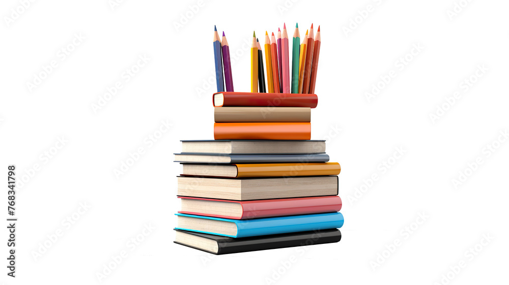 A stack of books with a pencil holder isolated on transparent background A stack of books with a pencil holder isolated on transparent background