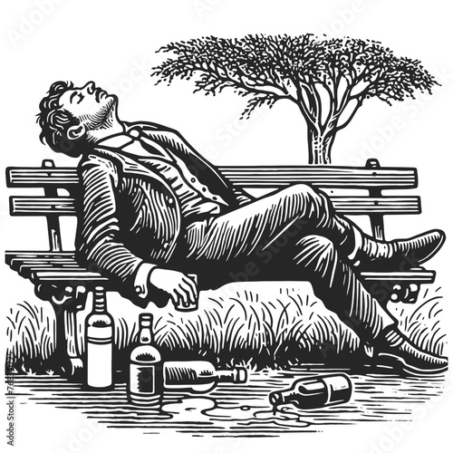 Drunk alcoholic man asleep on a park bench, surrounded by empty bottles sketch engraving generative ai fictional character vector illustration. Scratch board imitation. Black and white image.
