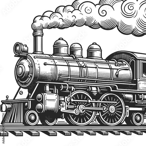 Steam locomotive train in steampunk style sketch engraving generative ai vector illustration. Scratch board imitation. Black and white image.