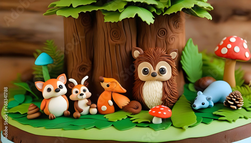 A fondant cake decorated with animals and plants on a wooden background