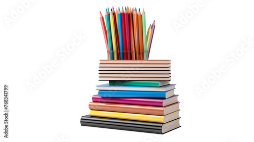 A stack of books with a pencil holder isolated on transparent background