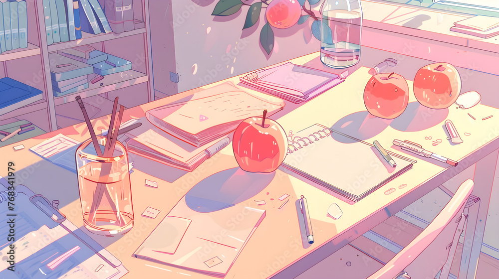 Fototapeta premium Cute beautiful aesthetic Japanese room anime cartoonish artstyle. Kawaii cozy lofi Asian architecture, wallpaper for mobile phone, pink, green purple pastel colors, window, table, school accessories