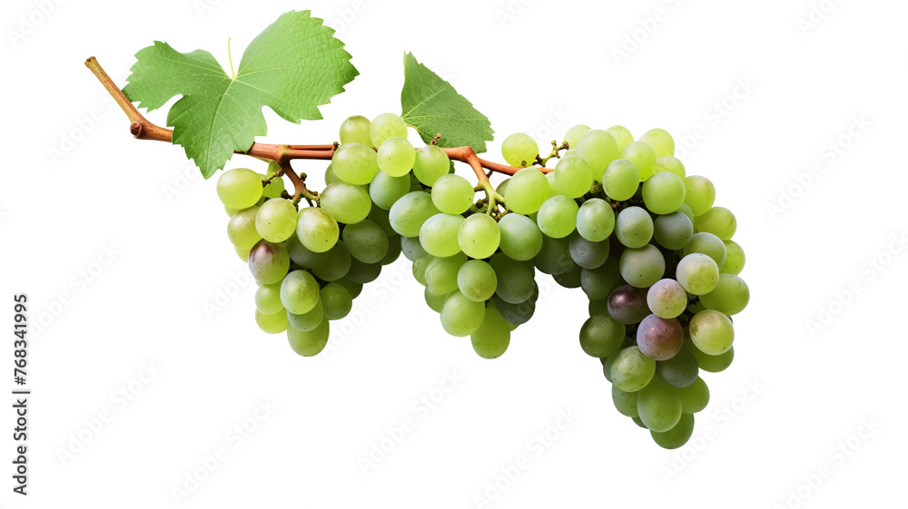 Obraz premium Bunches of grapes with leaves isolated on a transparent background 