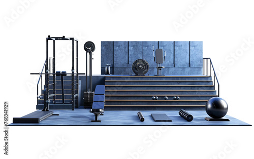 Gymnasium Equipped with Bleachers and Exercise Gear Isolated on Transparent Background PNG. photo