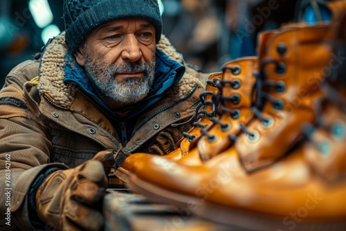 An artisan with a thoughtful expression inspecting handmade leather boots © Dacha AI