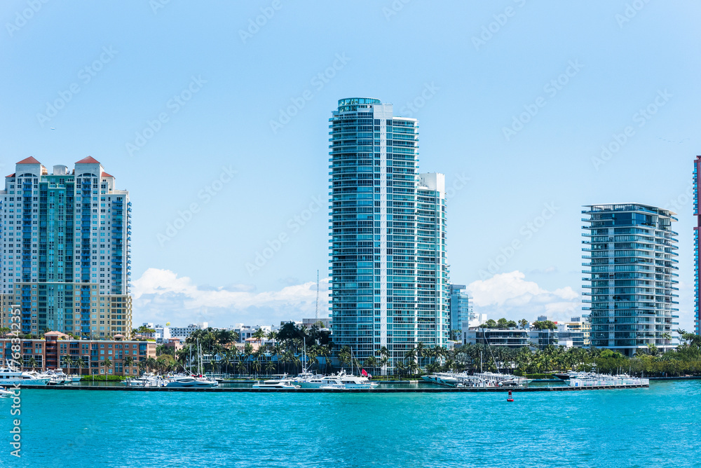 Miami, Florida - sunny day, panorama view on the South Beach skyscrapers. 