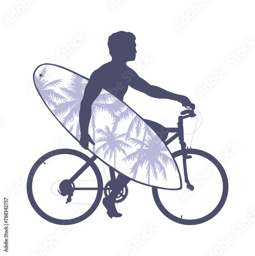 Vector illustration of cyclist silhouette with surfboard.
