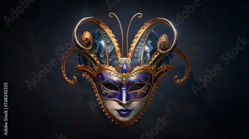 Colorful traditional carnival mask in blue and yellow on a black background.