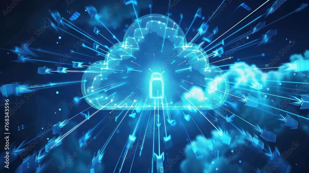 Cloud storage technology, with arrows indicating data transfer for downloading and uploading files to a secure online server. Cloud computing technology