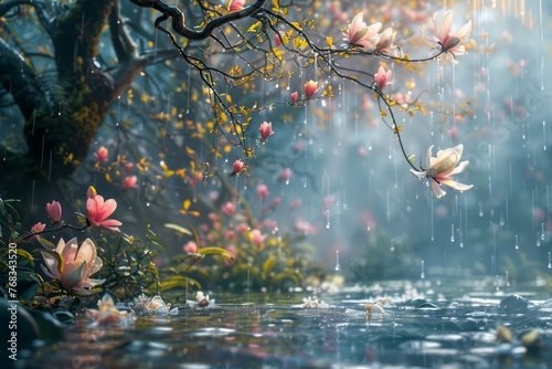 Enchanting Spring Rain in Blossoming Forest Serene Nature Scenery with Raindrops and Flowering Trees