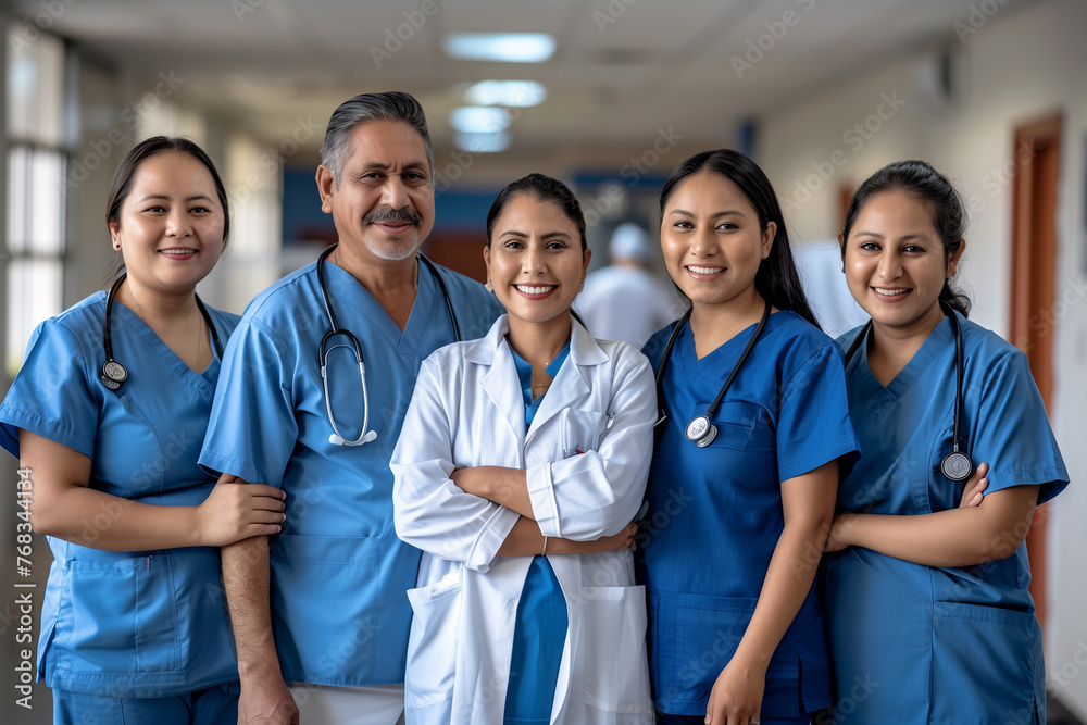 Photography of peruvian team of professional workers in a hospital.