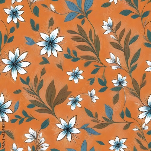 Flowers and leaves wallpaper on orange background