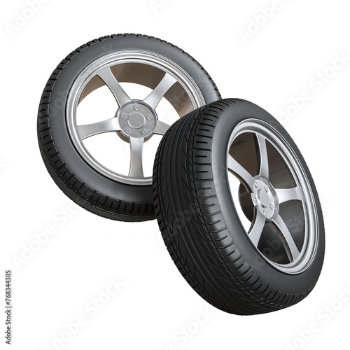 Set of Alloy Wheels with Tires 3D Render on Transparent Background (ID: 768344385)