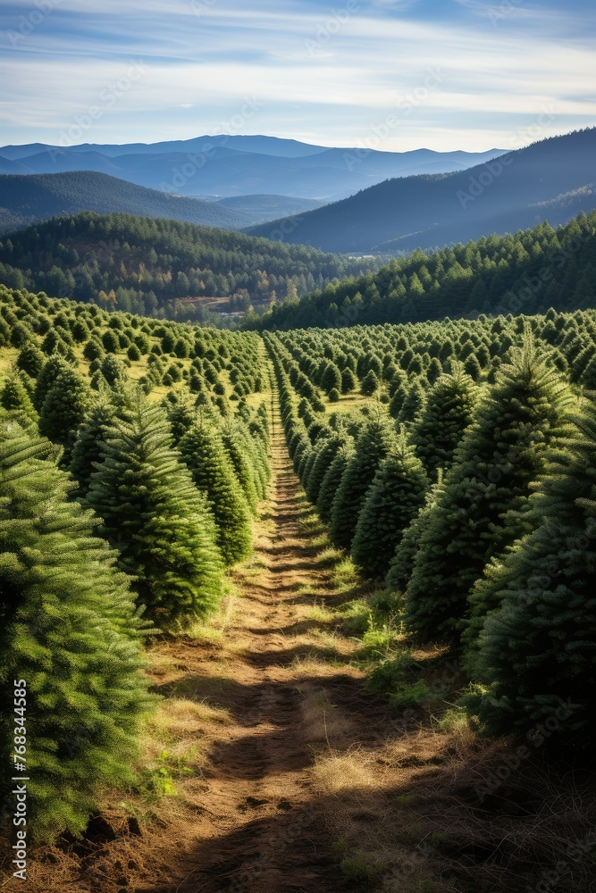 Naklejka premium Dirt road cuts through Christmas tree farm with mountains in the background
