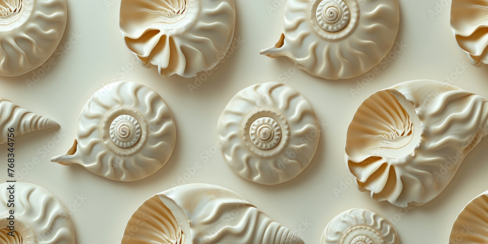 Seashells arranged in a pattern on light surface Natural sea shell collection art concept for texture and background Seashells arranged in a pattern on light surface Natural sea shell collection art concept for texture and background