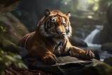A tiger peacefully lays on top of a pile of rocks. This image can be used to depict the strength and beauty of nature Generative AI