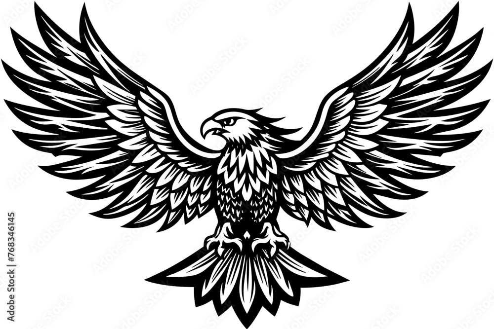 Fototapeta premium Eagle spreading its wing. Black and white vector.