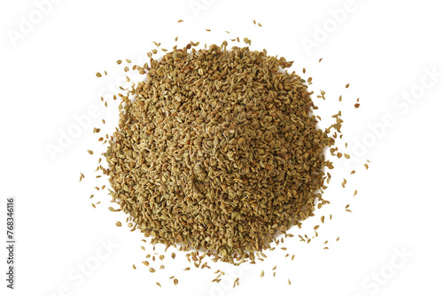 heap of ajwain or Trachyspermum ammi,caraway herb spice seeds also known in india as ajmo,ajowan, cut out on transparent background,png format,top view photo
