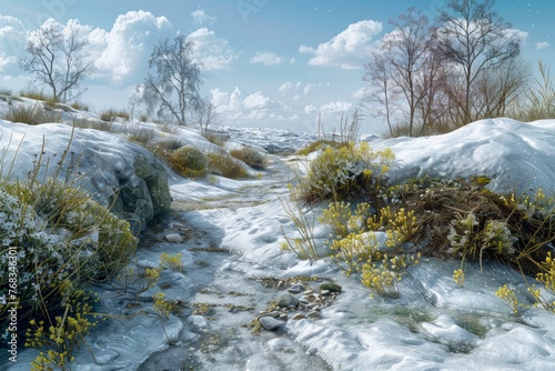 Idyllic Winter Landscape Painting with Snowy Path and Flora under Blue Sky