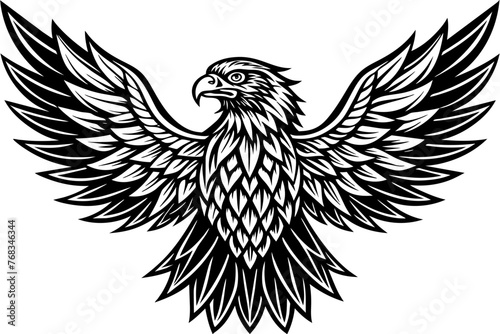 Eagle spreading its wing. Black and white vector.