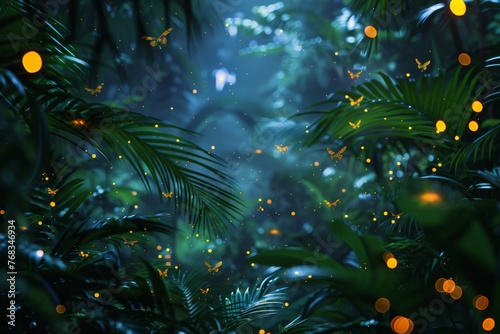Fireflies in tropical forest with green leaves at night