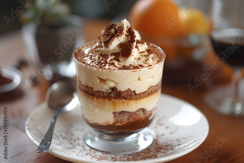 Dish A Zuppa Inglese dessert served on a plate with whipped cream and a spoon