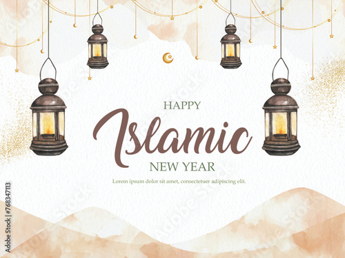 islamic new year greeting card with watercolor painting of arabic lantern