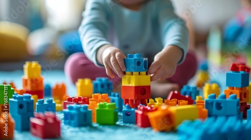 kid playing toy blocks isolated on white background