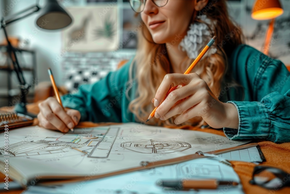 Close-up of female architect working on architectural drawings with drafting tools and a laptop in a creative workspace Close-up of female architect working on architectural drawings with drafting tools and a laptop in a creative workspace
