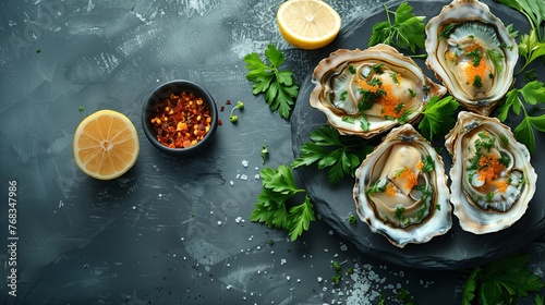Oysters with ice and lemon on black stone background. Seafood. Top view. Free copy space. Banner, advertising. High quality photo
