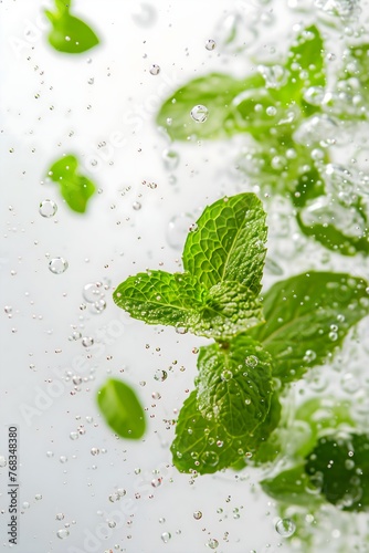 Mint leaves in water, bubbles around the mint, white background, food photography © Jolanta