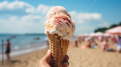 Ice creams on beach and shells with ocean landscape