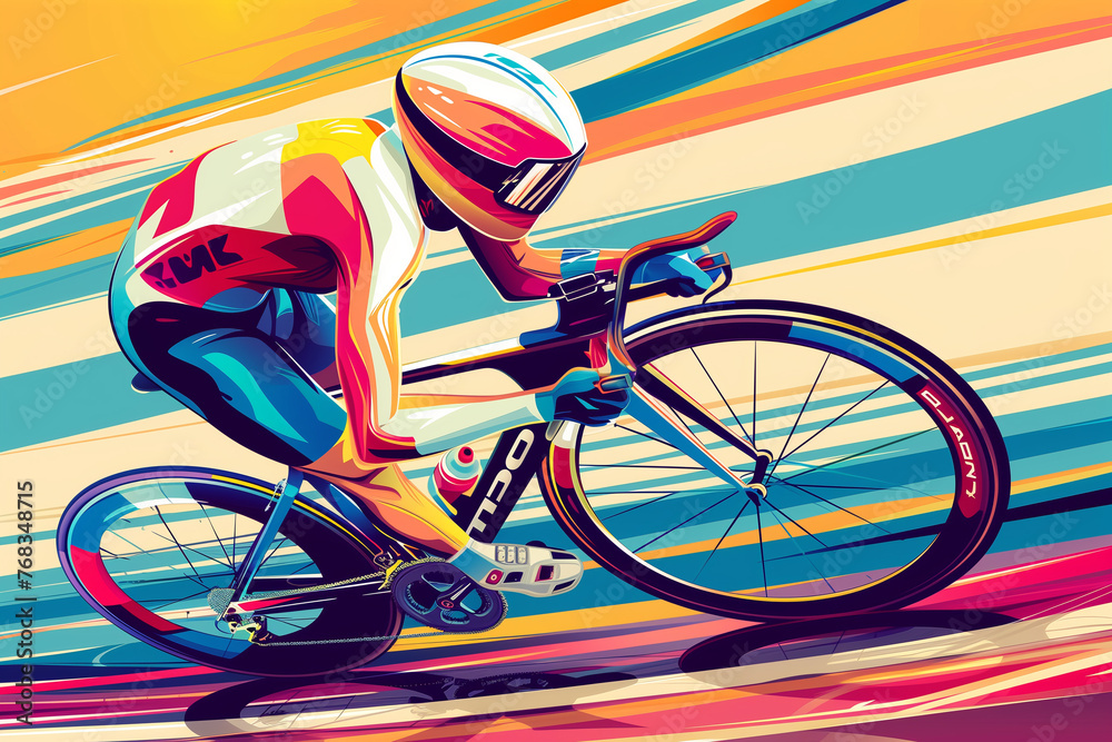 Fototapeta premium Track cycling riding competition in velodrome. Athletic men in sports clothing on bicycle at full speed. Olympic Games. Sports Action Shots