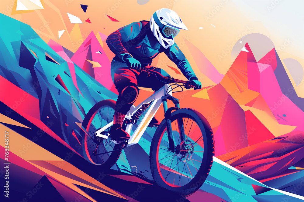 Fototapeta premium Mountain biker cycling with helmet in a contemporary athletic abstract design cycling bike landscape. Olympic games Extreme sport. Generative AI