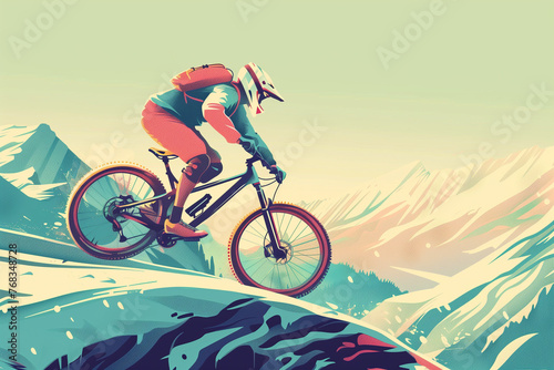 Mountain biker cycling with helmet in a contemporary athletic abstract design cycling bike landscape. Olympic games Extreme sport. Generative AI