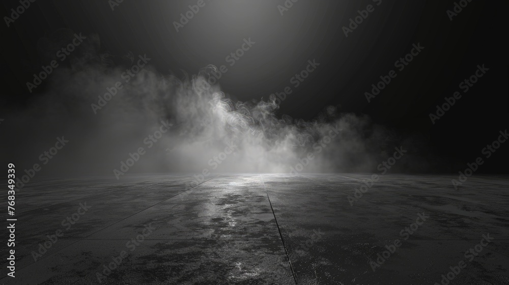 Abstract image of dark room concrete floor. Black room or stage background for product placement.Panoramic view of the abstract fog.