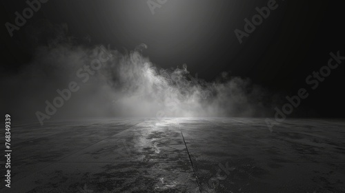 Abstract image of dark room concrete floor. Black room or stage background for product placement.Panoramic view of the abstract fog. photo