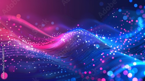 Abstract Waving Particle Technology Background Design. Abstract wave moving dots flow particles, hi-tech and big data background