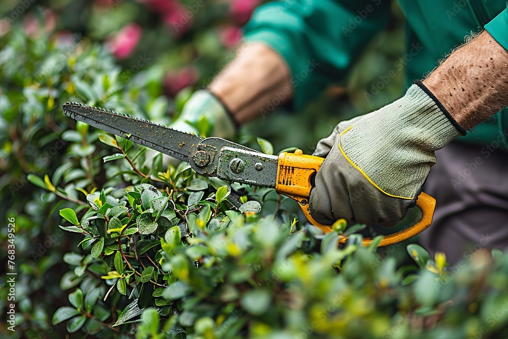 Obraz premium Close-up of a gardener's hands professionally shaping green hedges with electric hedge trimmers in a garden