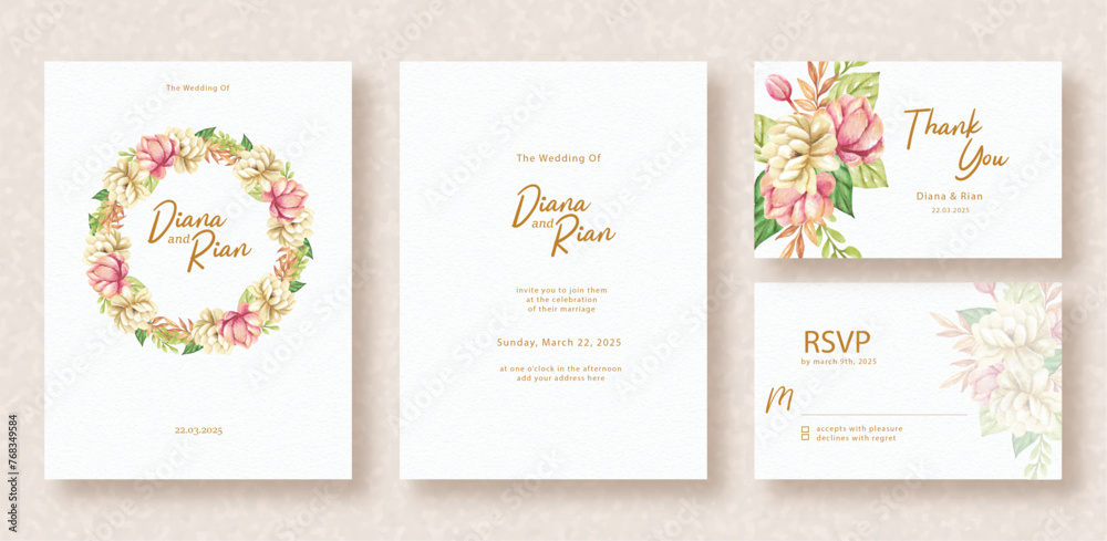 Colorful watercolor of flowers ornament on wedding invitation card