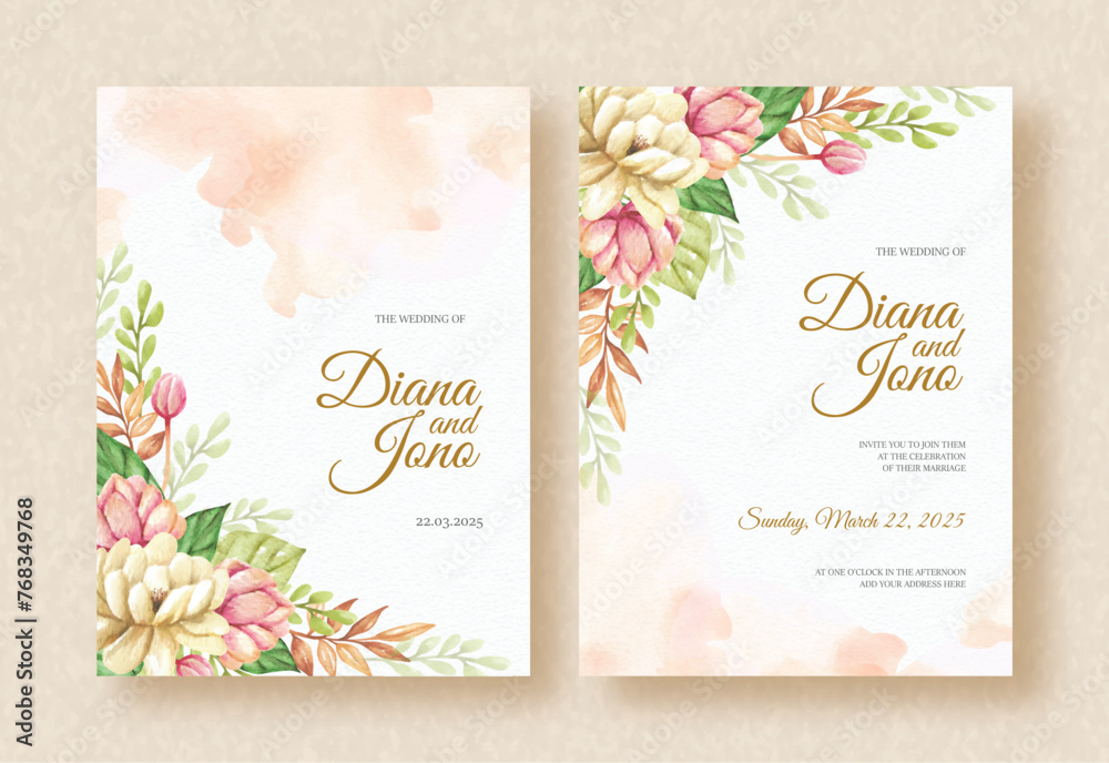 Wedding invitation card with corner of floral watercolor arrangement